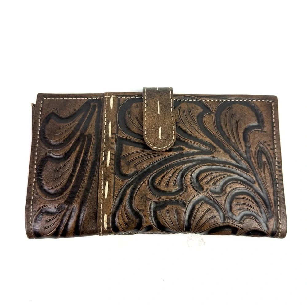 Leaders In Leather Wallet Handmade Tooled Wildflower‎ Design Brown Brand New